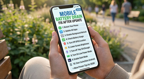 creat a natural image : How to Fix Mobile Battery Drain After Update: 10+ Proven Solutions in 2026