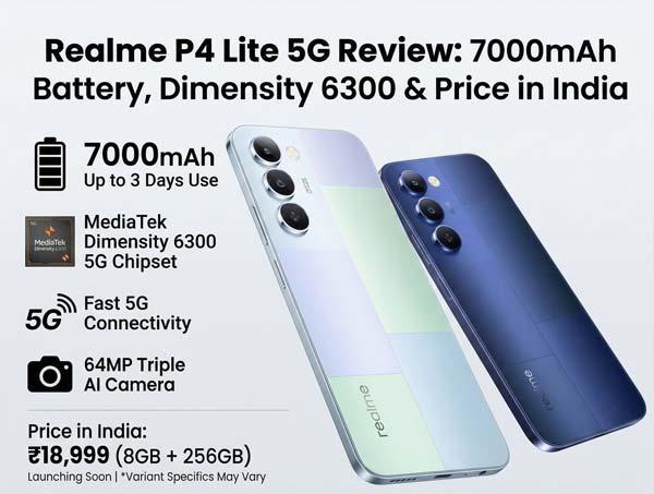 fficial visual of Realme P4 Lite 5G in Mosaic Blue and Mosaic Green, highlighting its key features: 7000mAh massive battery, 144Hz smooth display, and affordable 5G pricing.