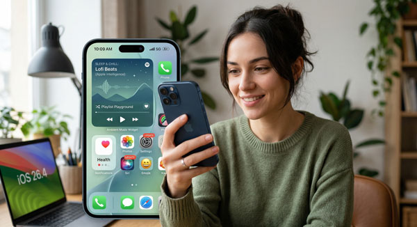 Apple iOS 26.4 Mobile home screen displaying the new Siri AI with Apple Intelligence features and redesigned Health app.