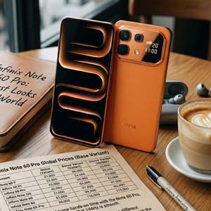 Infinix Note 60 Pro Sunset Orange color front and back view with camera module and secondary display.