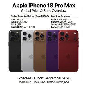 Apple iPhone 18 Pro Max expected prices in India USA Dubai and full specifications with new color lineup for 2026 launch.