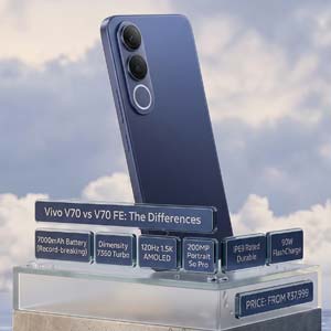 Vivo V70 FE Monsoon Blue smartphone featuring 7000mAh battery, Dimensity 7360 Turbo, and 200MP Portrait camera specs.